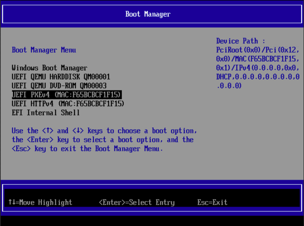 Grub EFI. Network Boot. Boot Manager Boot option i and to change option, enter to select an option. Boot out