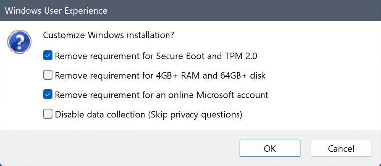 Create bootable Windows 11 ISO without TPM, Secure Boot and RAM  requirements.
